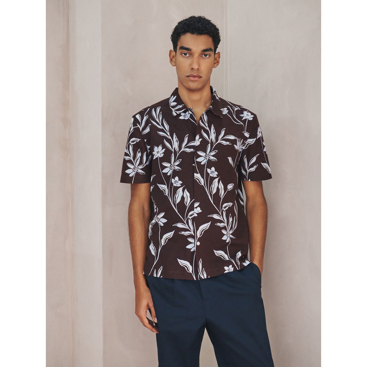 Chemise manches courtes en lin et tencel marron, NEXT