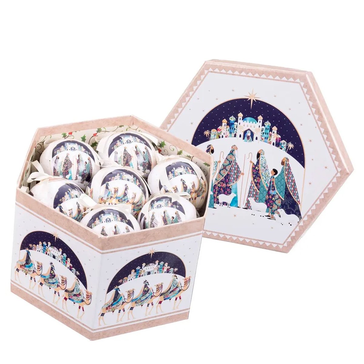 Coffret de 14 boules de Noël rétro rois mages 7.5cm bleu, WADIGA
