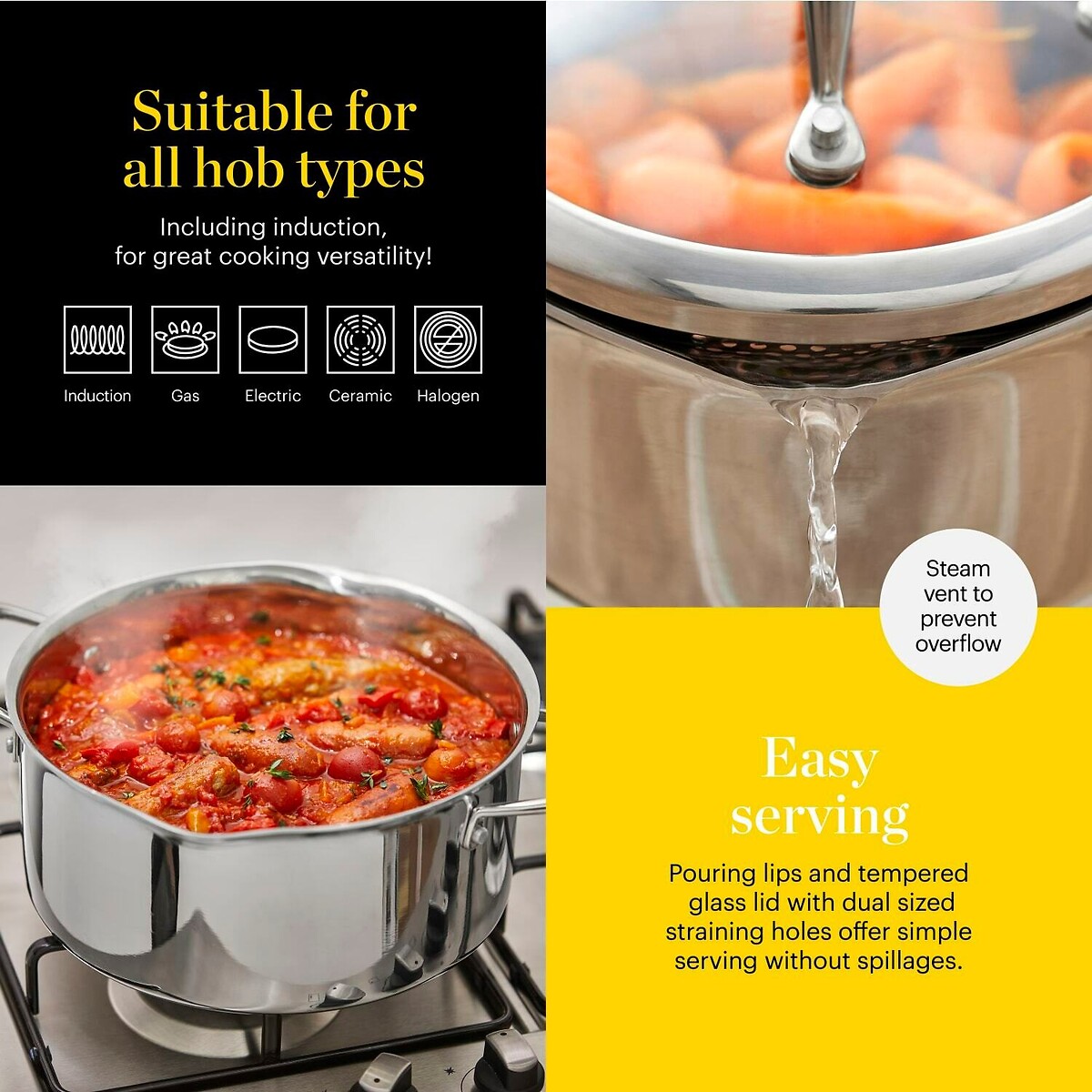 24cm Tri-Ply Casserole with Lid silver-coloured, GOOD FOOD BY TOWER