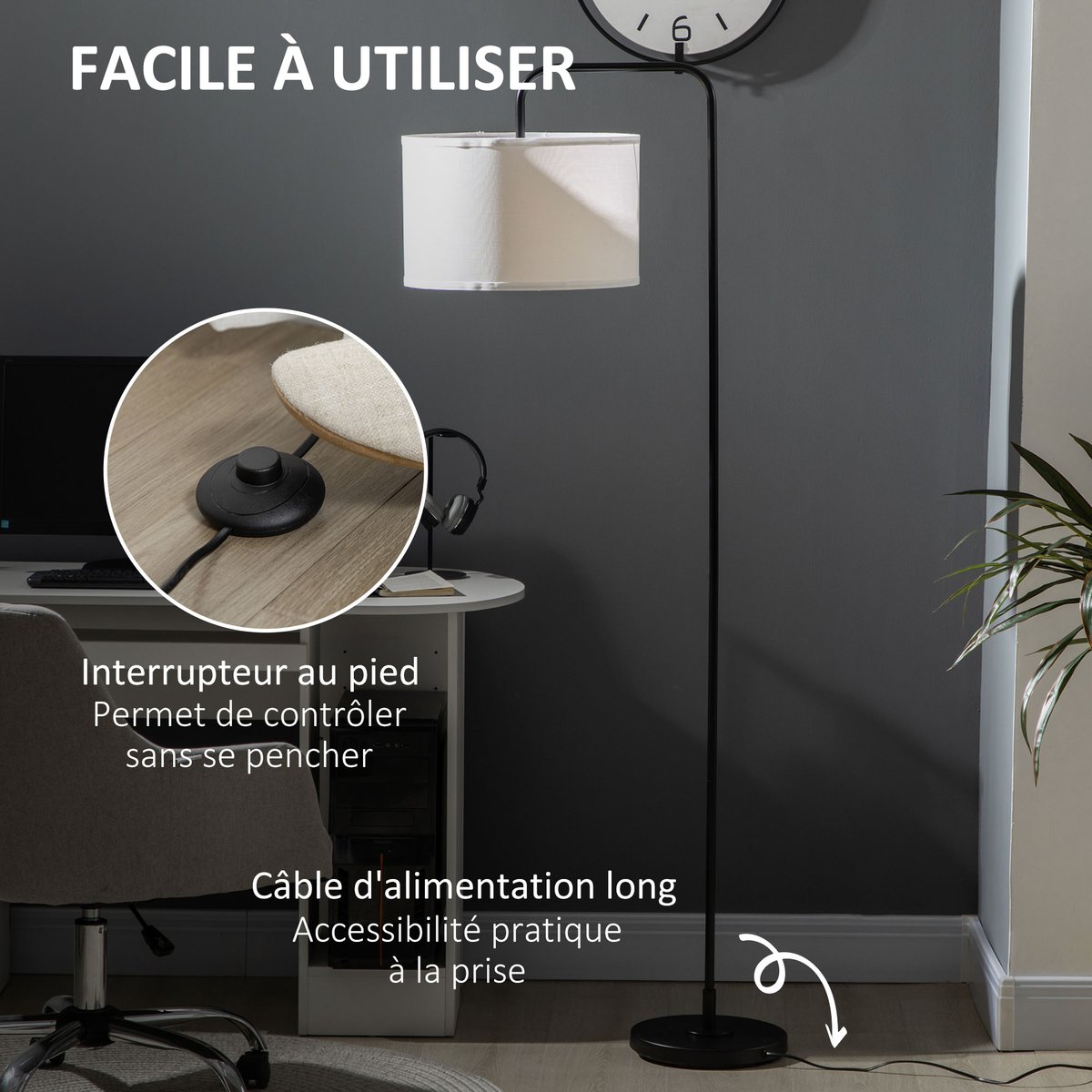Lampadaire Acier Blanc noir, HOMCOM