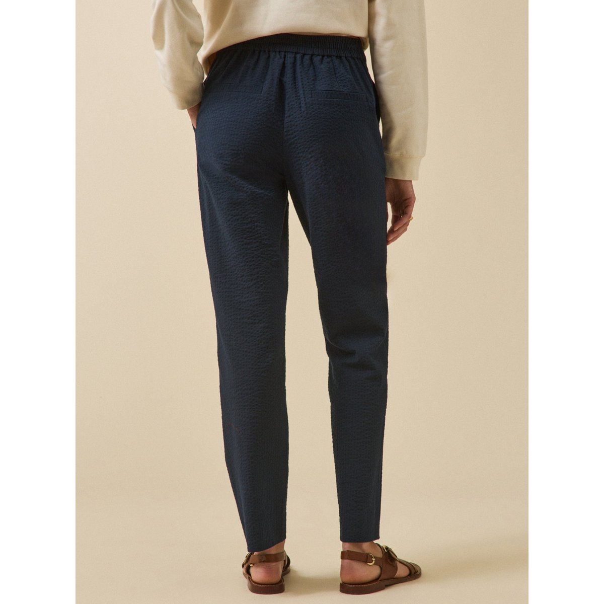 Pantalon cigarette seersucker Julie marine, CYRILLUS