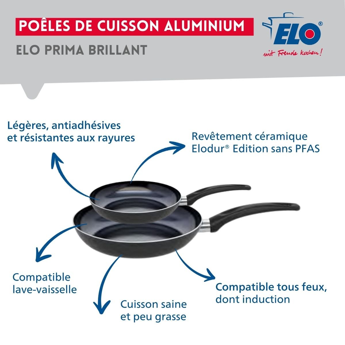 Batterie 2 poêles 20/28cm + 1 faitout 12cm PRIMA BRILLANT noir, ELO