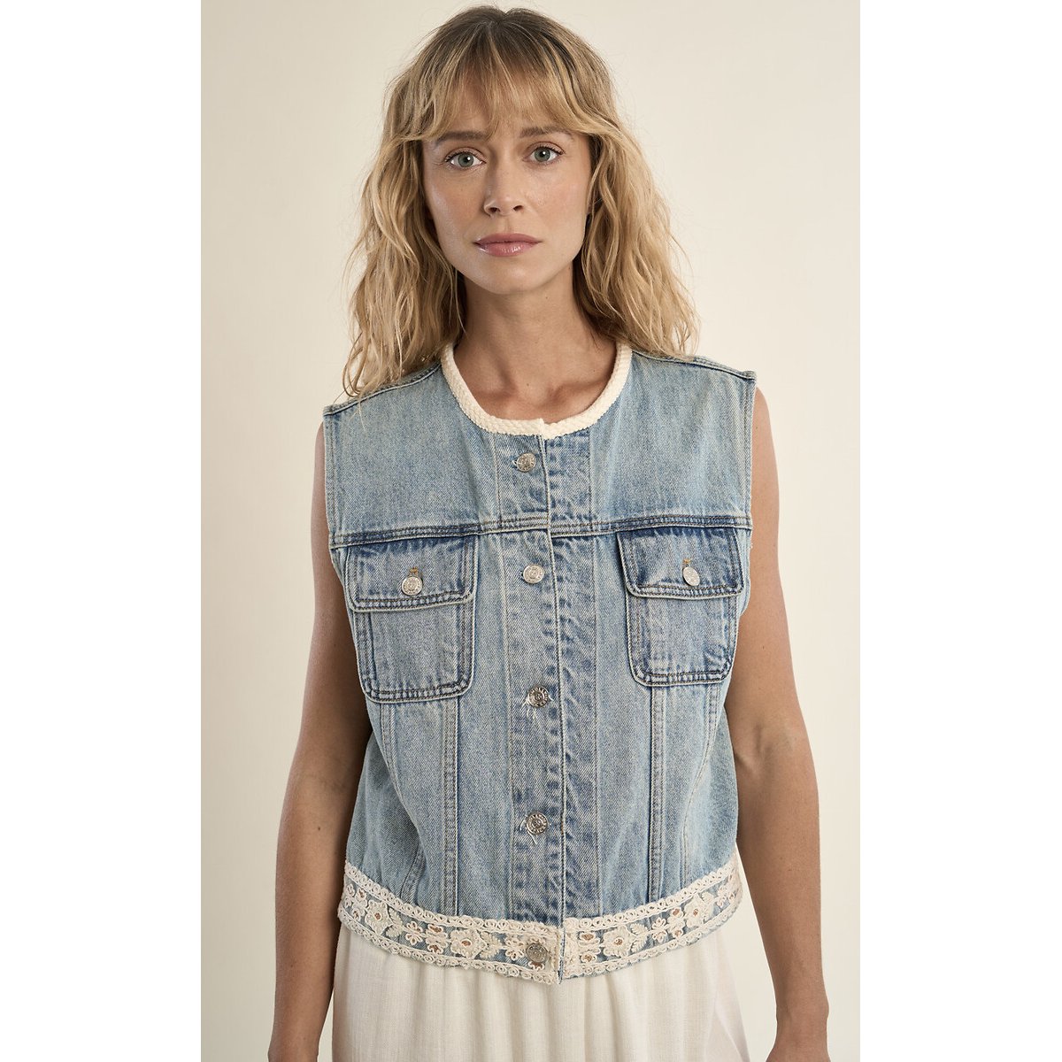 Sleeveless Denim Jacket with Embroidery Detail light blue denim, MOLLY BRACKEN