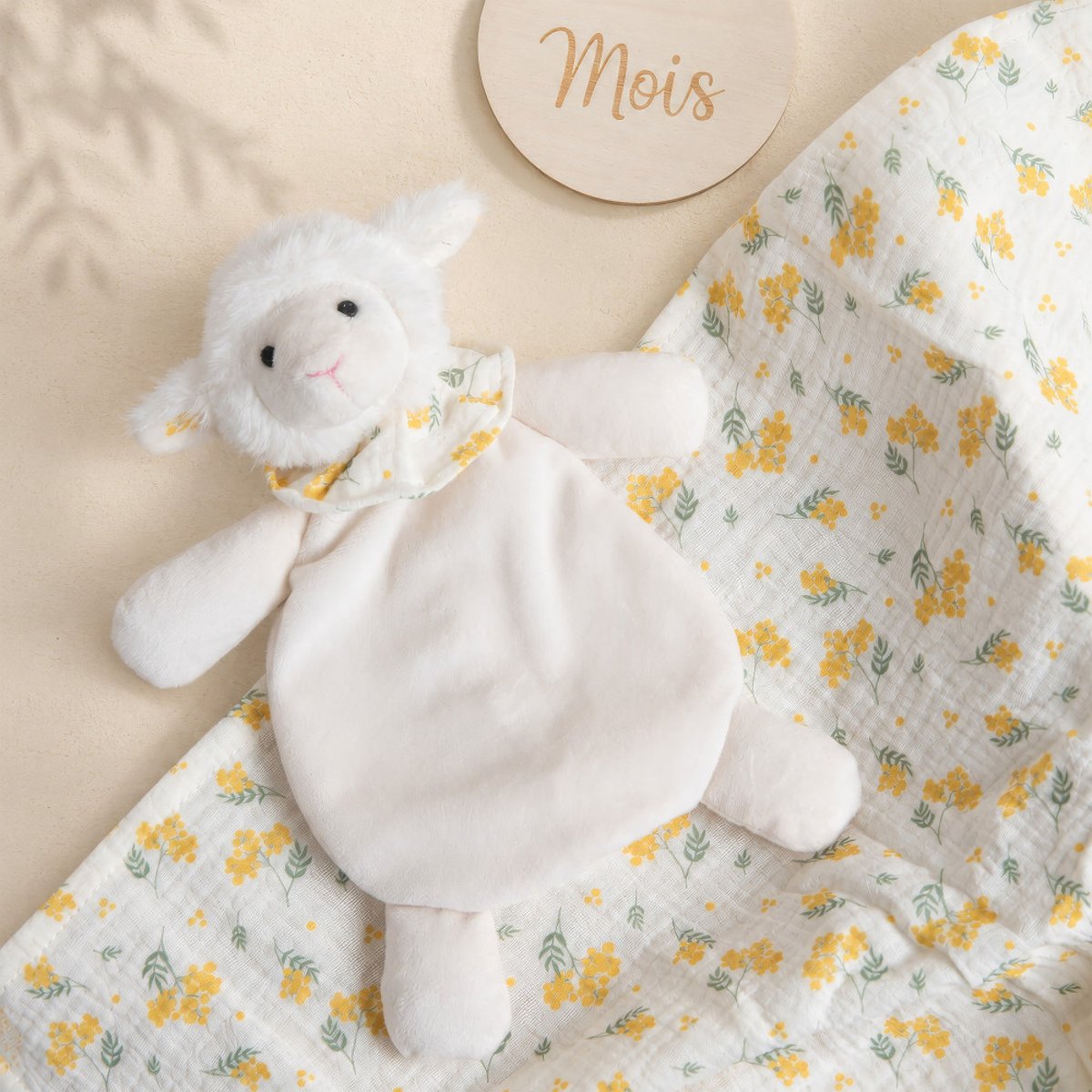 Coffret doudou Mouton et lange en gaze de coton crème / ivoire, AMADEUS LES PETITS