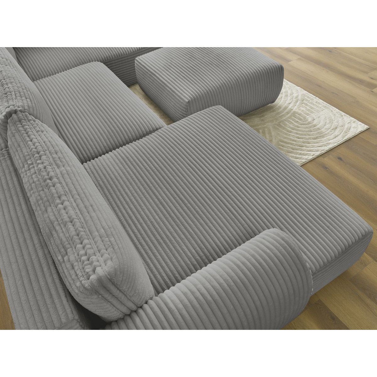 Canapé panoramique convertible 6 places en gros côtelé doux avec pouf, LUCIEN gris foncé, BOBOCHIC