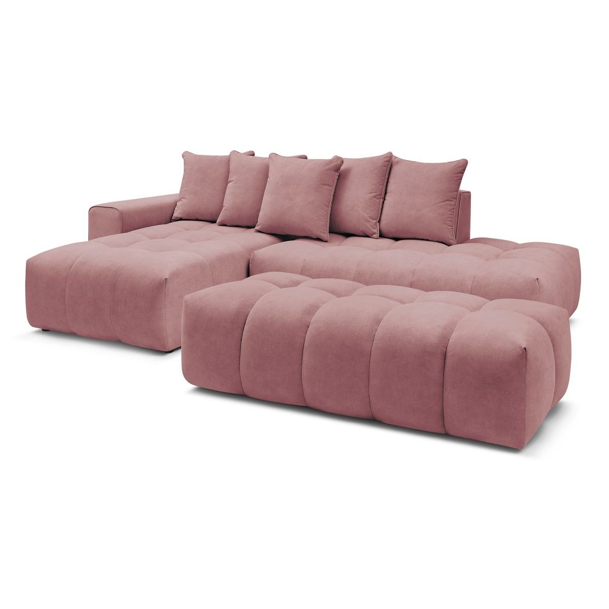 Canapé d'angle fixe 4 places en velours avec pouf, MONT-BLANC rose, BOBOCHIC