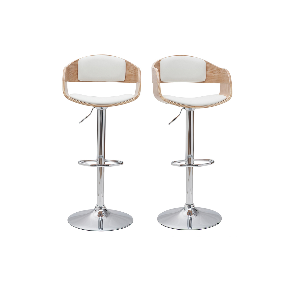 Tabourets de bar design réglables en polyuréthane blanc et bois clair (lot de 2) EUSTACHE blanc, MILIBOO