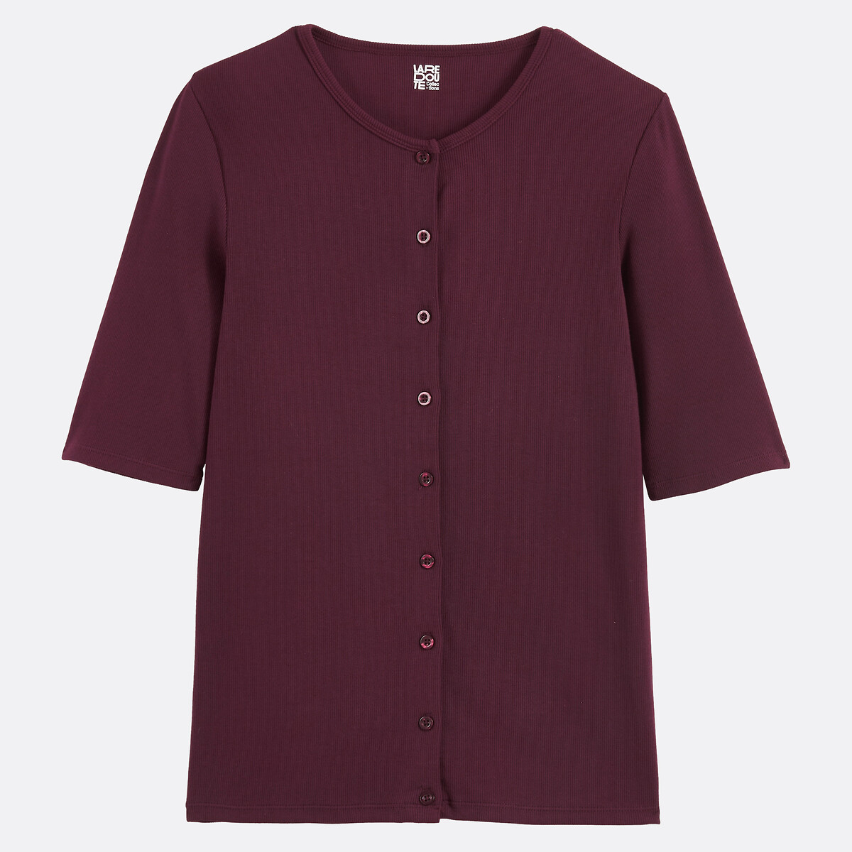 T-shirt boutonné col rond manches courtes violet prune, LA REDOUTE COLLECTIONS