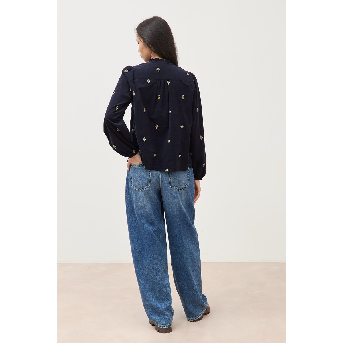 Chemise en coton avec broderie bleu marine, BONOBO