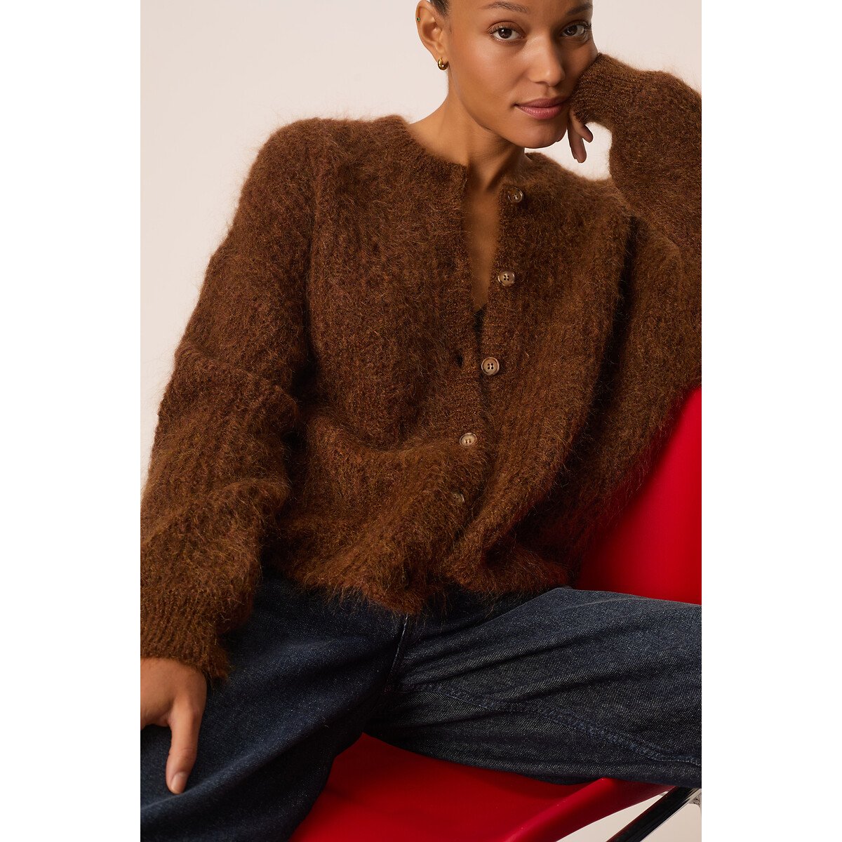 Strickjacke mit Rundhalsausschnitt aus Mohair-Mischgewebe, ALMA cognac, DES PETITS HAUTS