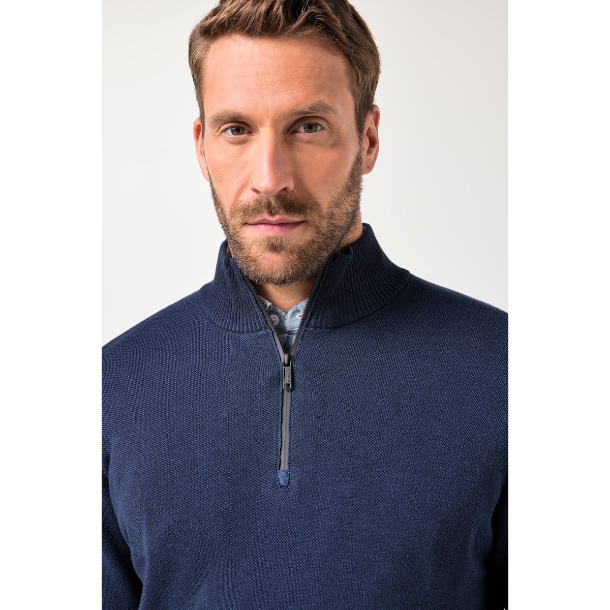 Pull camionneur en maille, col zippé bleu marine, JP1880