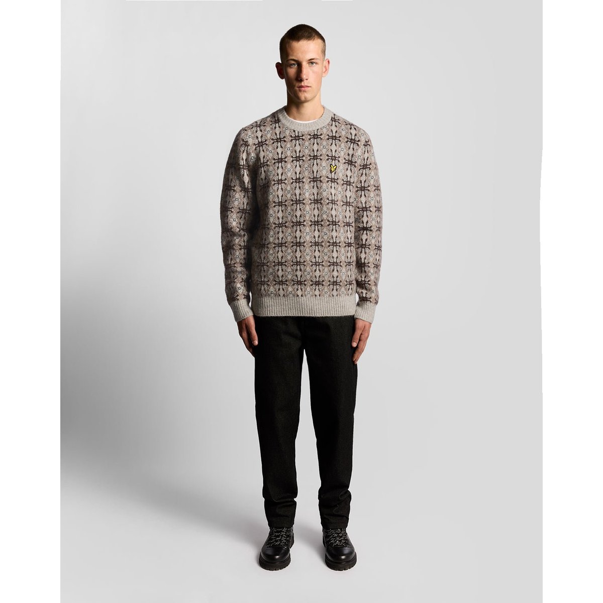 Pull brossé intarsia en maille gris clair chiné, LYLE & SCOTT