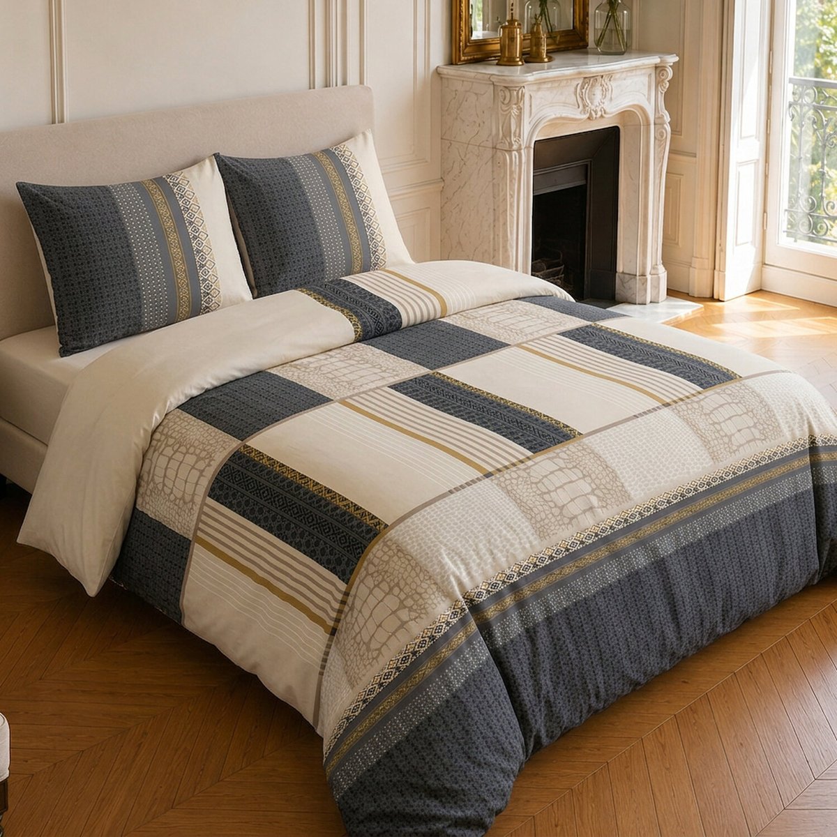 Parure de lit en coton motif géométrique, HELENE beige, C DESIGN HOME TEXTILE