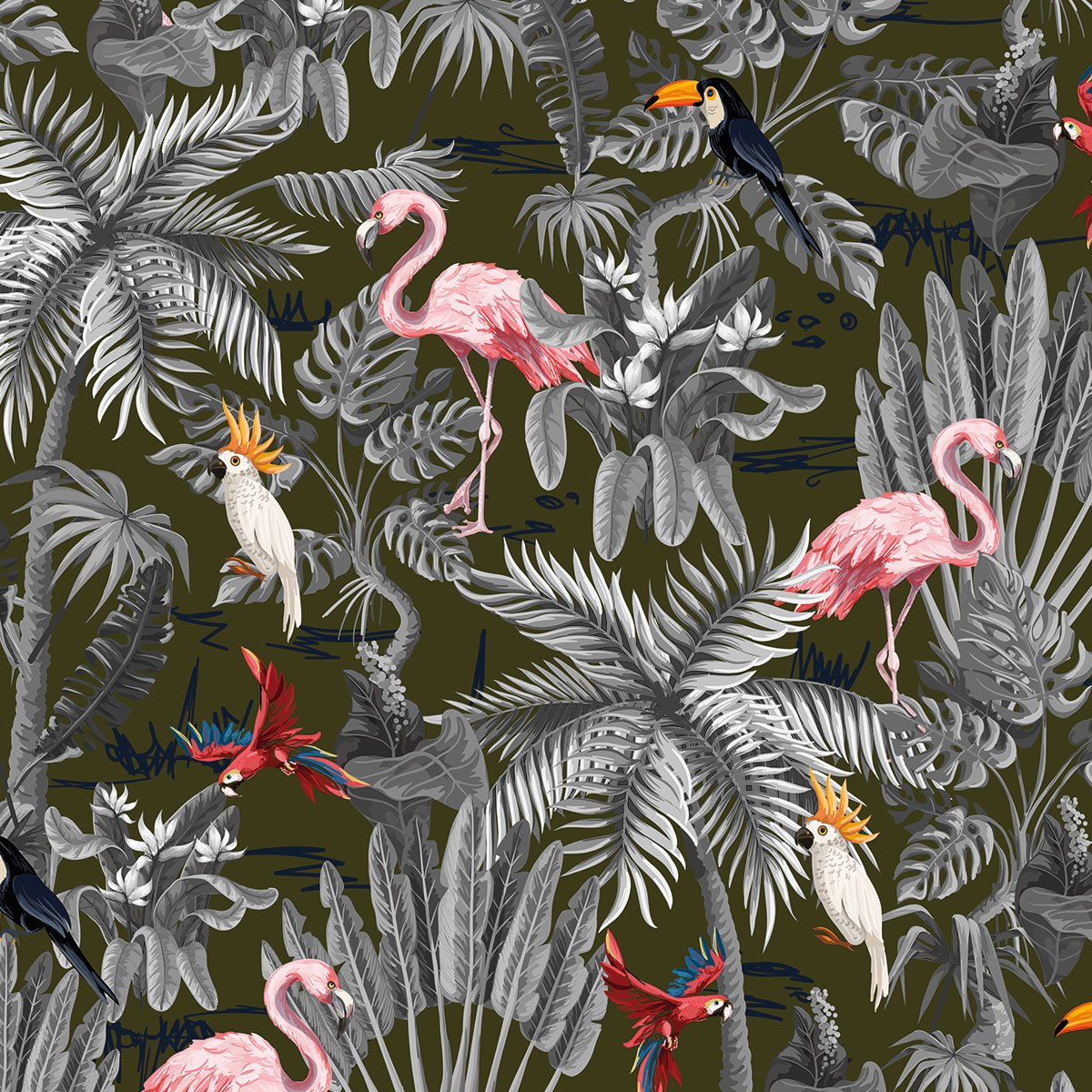 Papier peint panoramique flamants tropicaux intissé, HEXOA