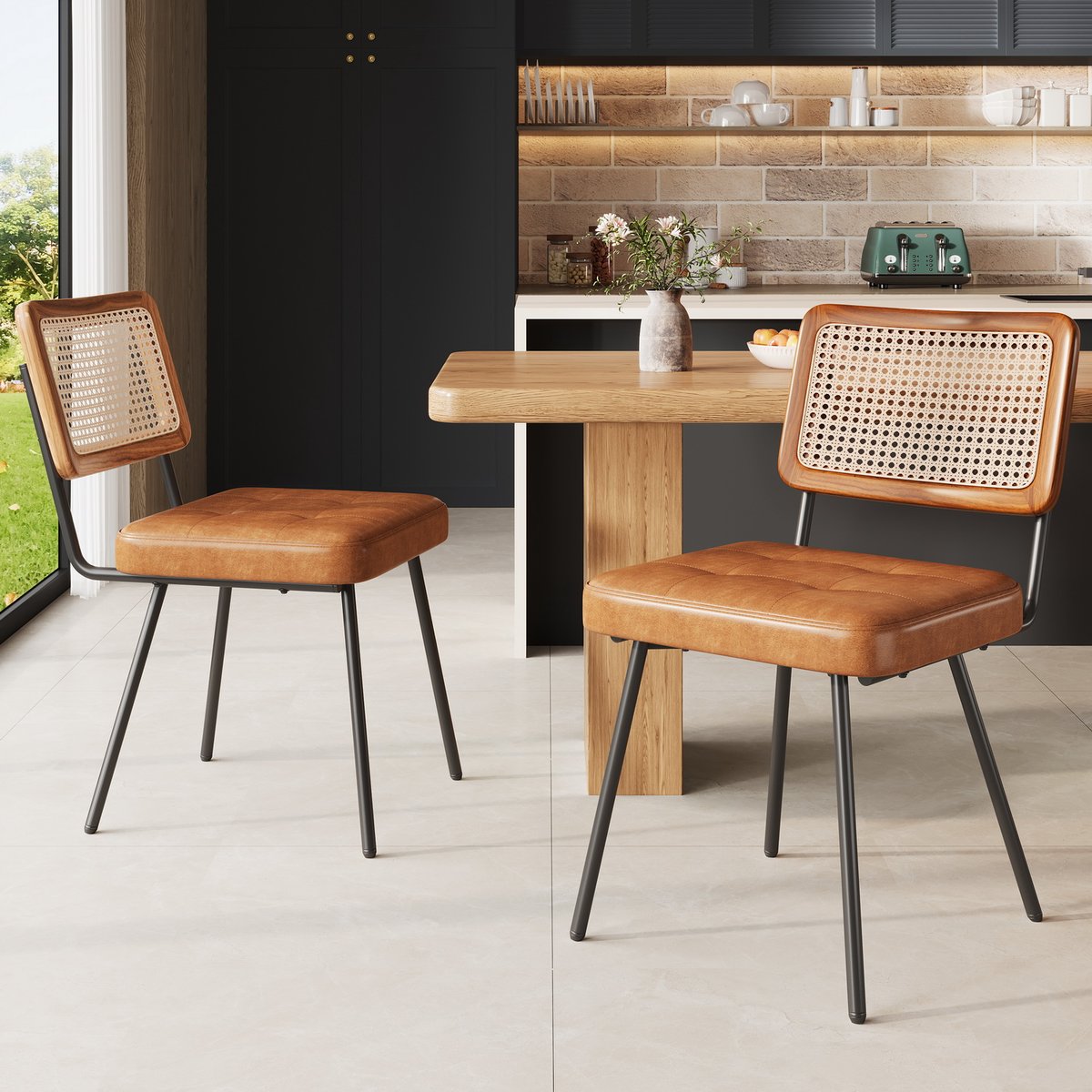 Lot de 2 chaises de salle à manger en simili cuir avec dossier en rotin PE style rétro moderne, KAROMIR marron, MEUBLES COSY