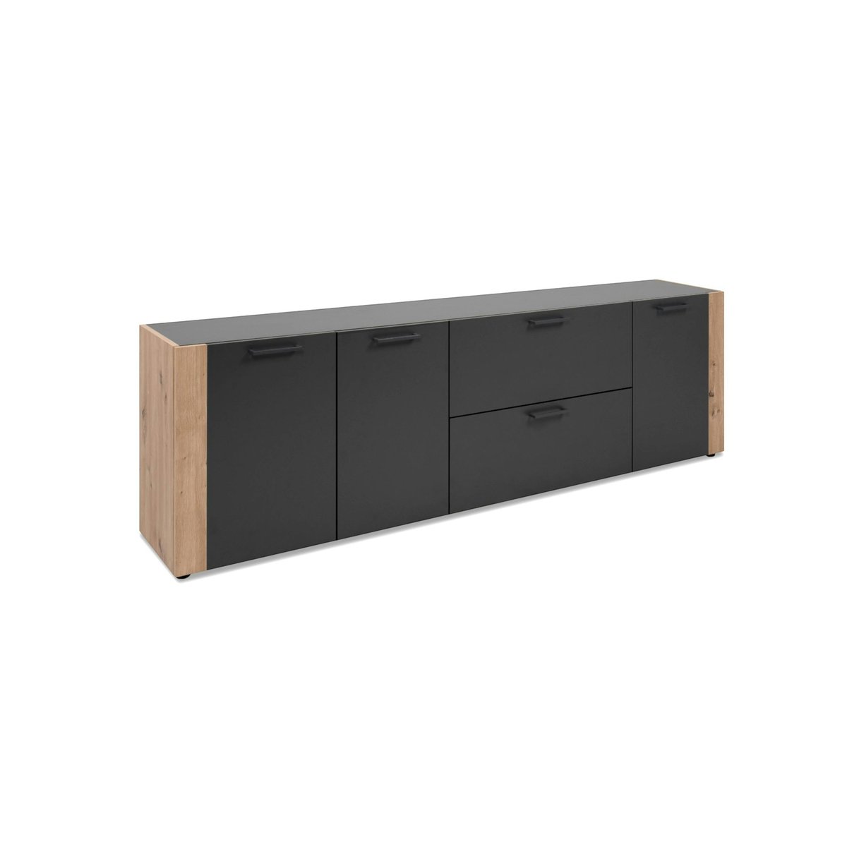 Long meuble TV gris foncé 3 portes 2 tiroirs ALVA bois naturel, PIER IMPORT