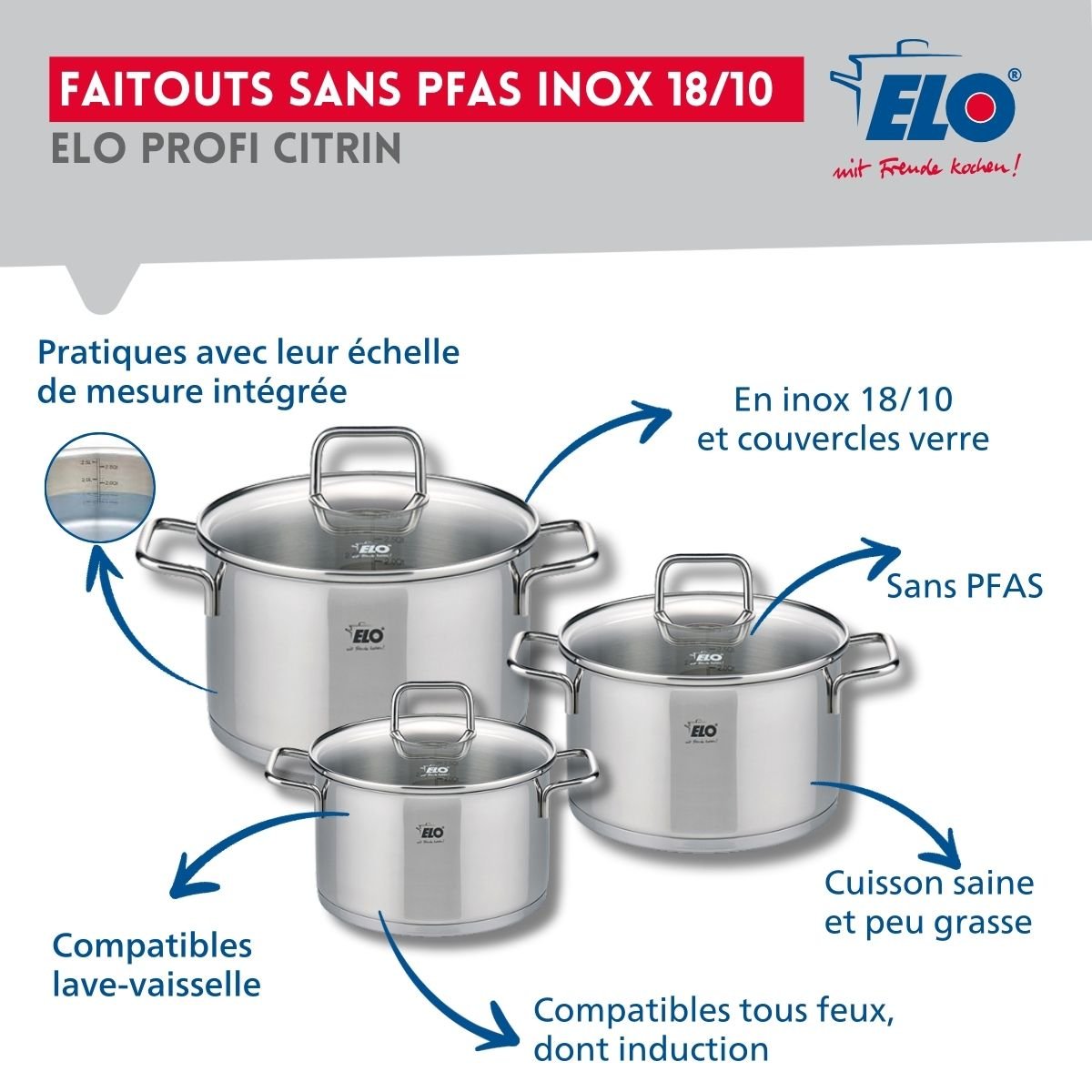 Batterie 2 poêles 24/32cm + 3 faitouts 14/16/20cm PROFI CITRIN gris, ELO