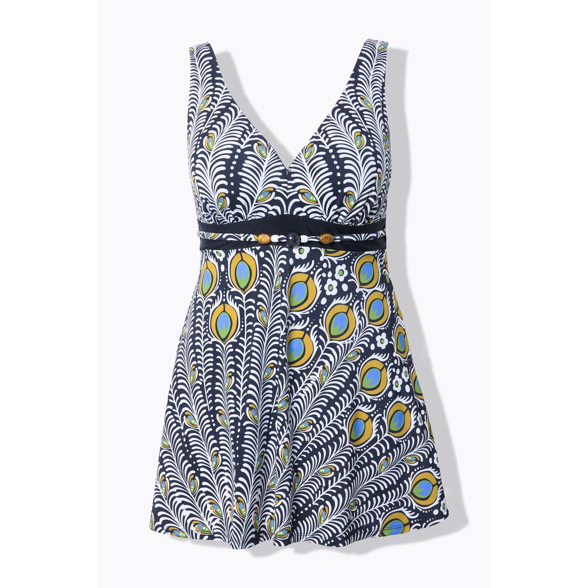 Robe de bain motif plumes de paon. Bonnets noir, ULLA POPKEN
