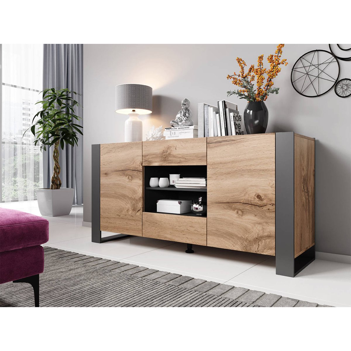 Buffet bas 2 portes, 2 tiroirs et 2 niches, WILLOW bois / gris, BEST MOBILIER