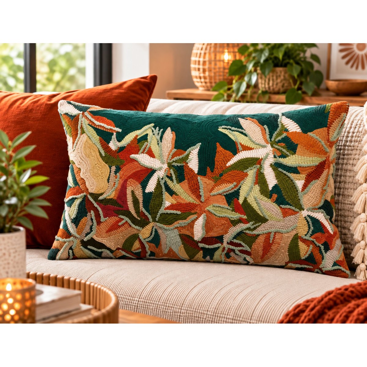 Coussin brodé Escale Singulière petrole, EDEN