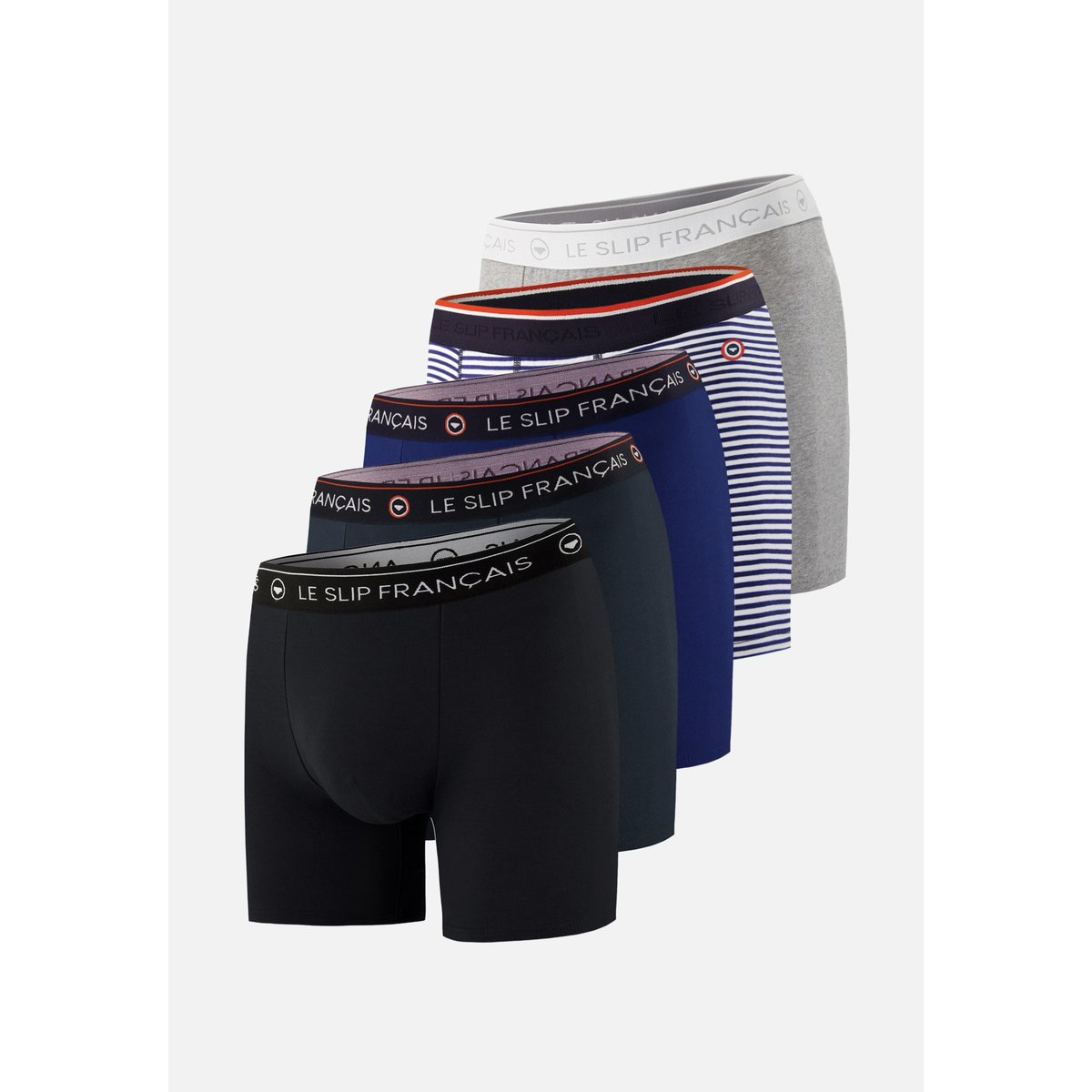 Lot de 5 boxers longs en coton Redoutable marinière marine indigo noir gris chiné, LE SLIP FRANCAIS