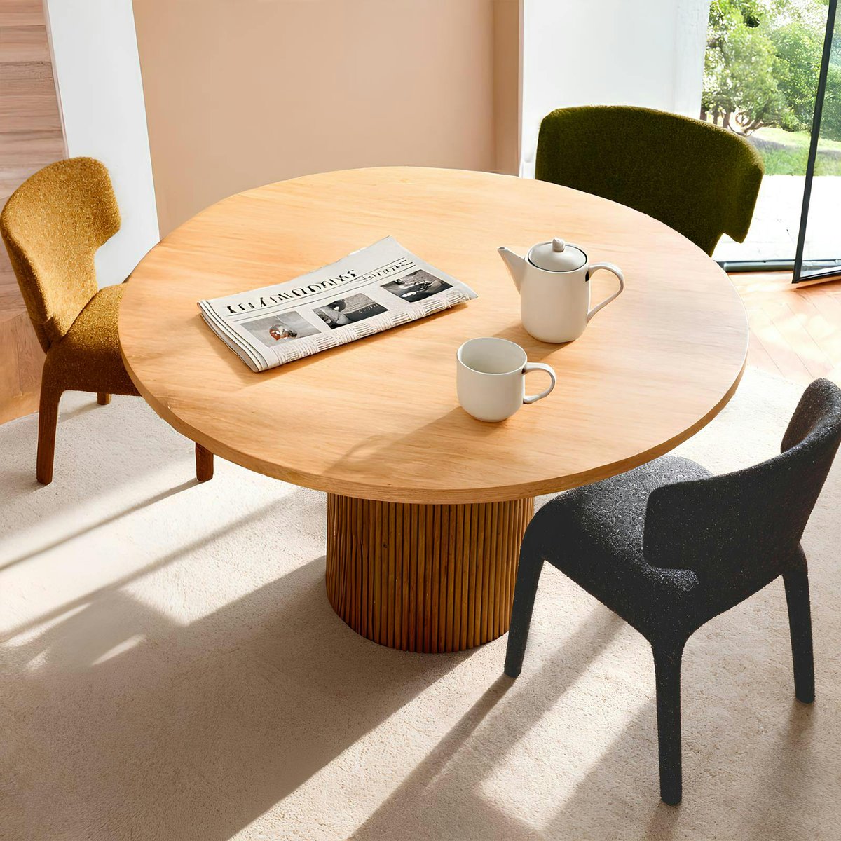 Table à manger ronde chêne clair pied rainuré Ø150 cm IENA bois naturel, PIER IMPORT