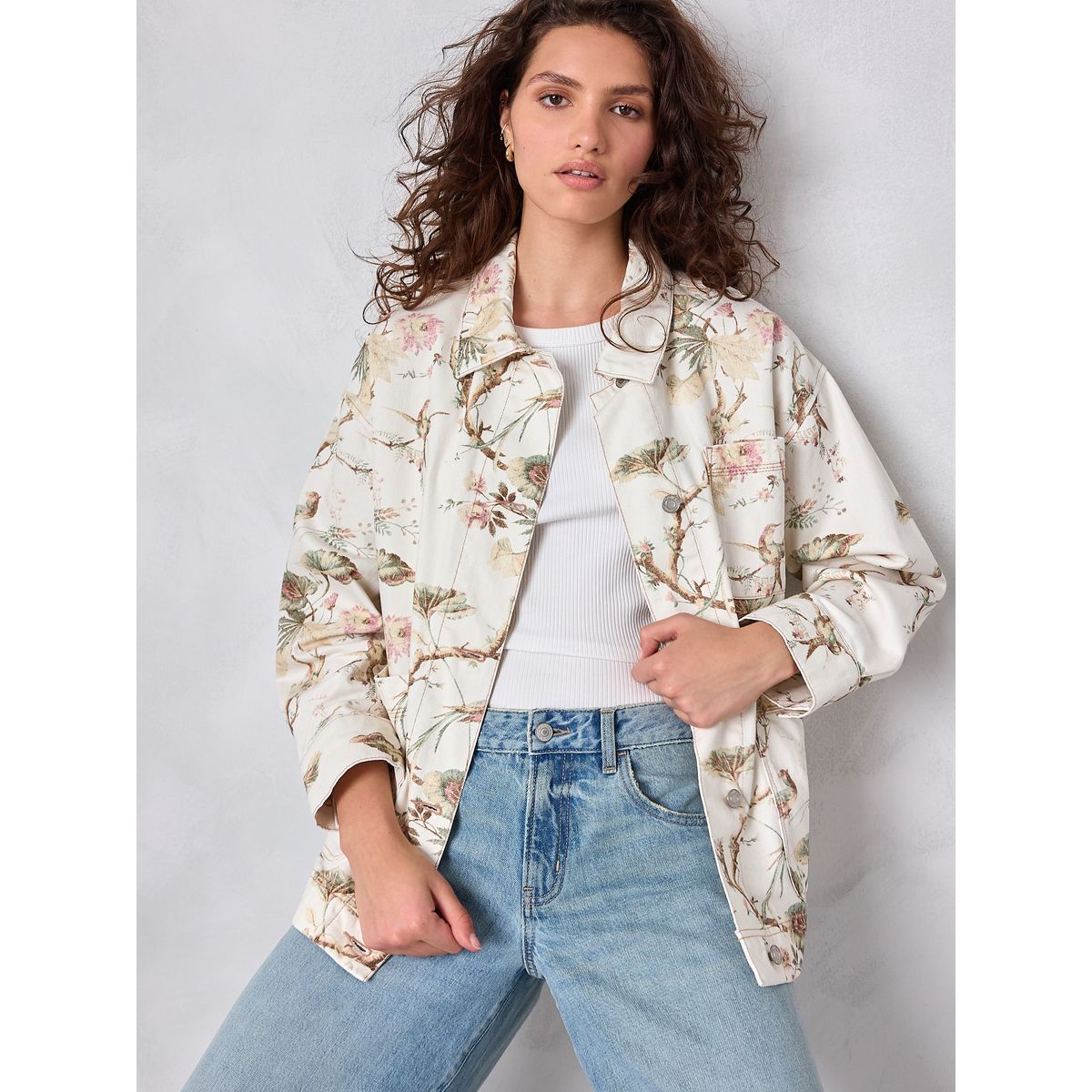Veste style ouvrier en coton imprimé oiseau écru, NEXT