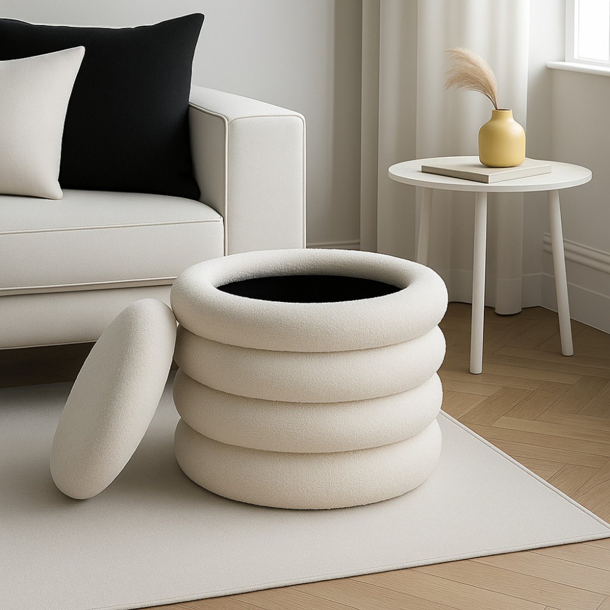 Lot de 2 poufs coffres ronds en tissu bouclette  47cm- BUBBLE blanc, DRAWER