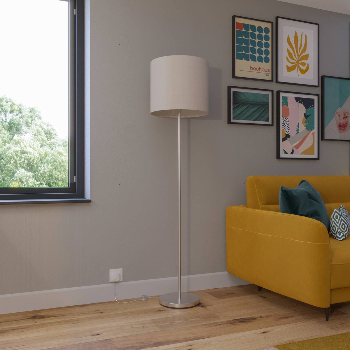 Lampadaire en textile moderne, Everly blanc, nickel mat, LINDBY