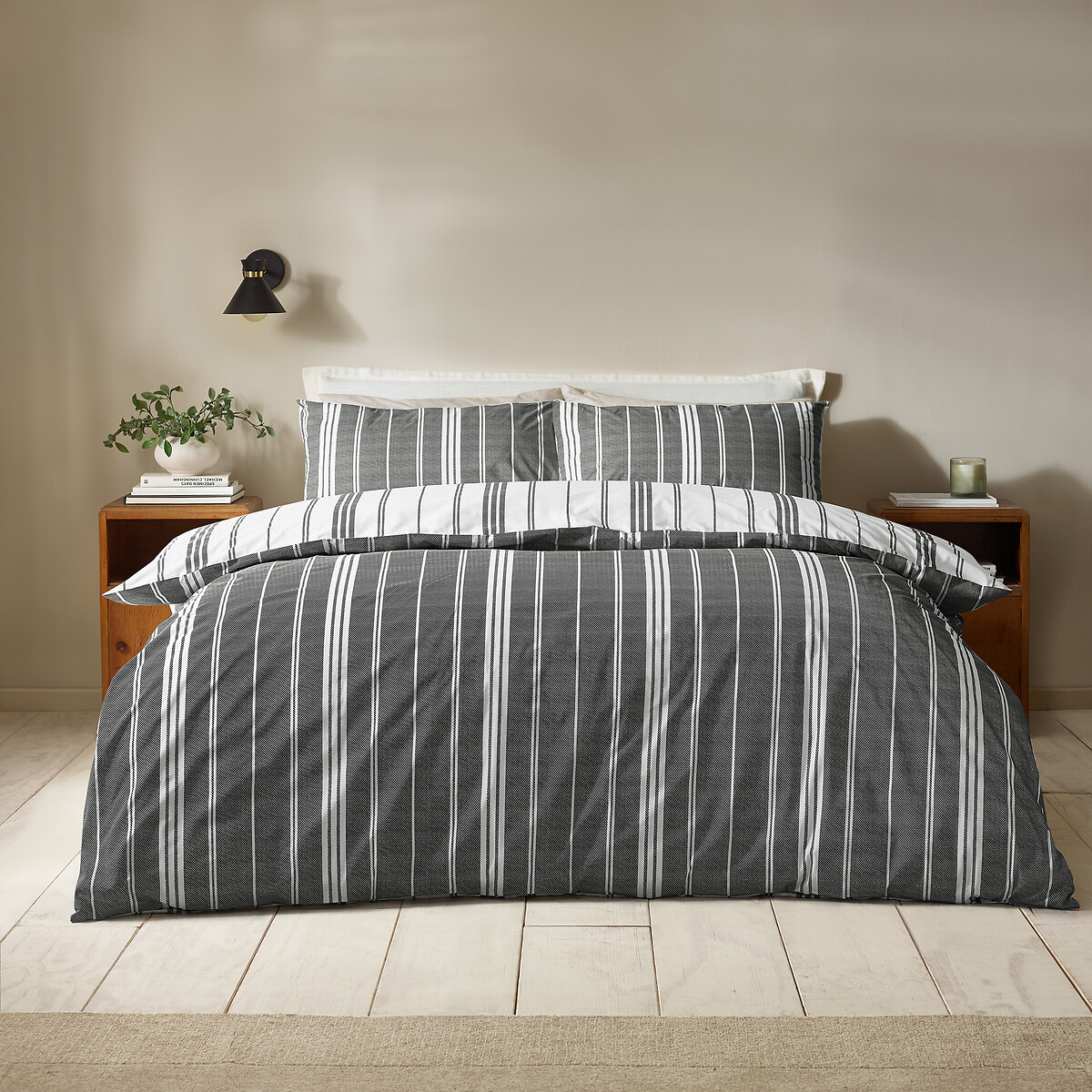 Harbour Stripe Reversible Duvet Cover And Pillowcase Set black, CATHERINE LANSFIELD