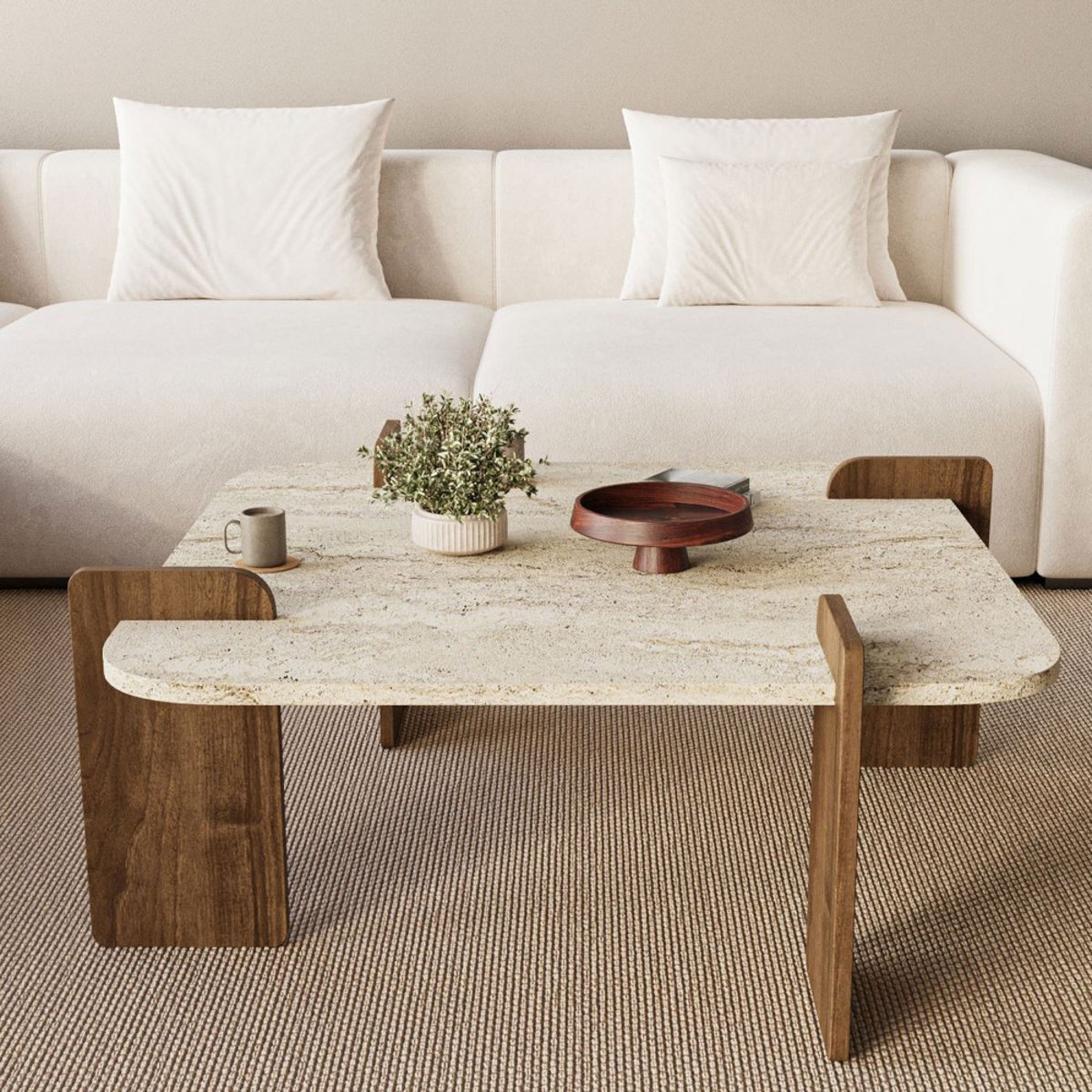 Table basse en bois et effet travertin 90x90cm- SOLENI beige, DRAWER