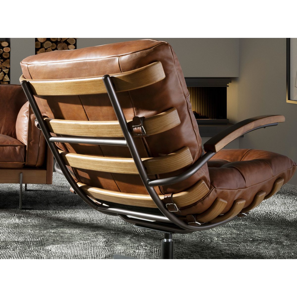 Fauteuil pivotant en cuir et noyer marron foncé | noir, ANGEL CERDA