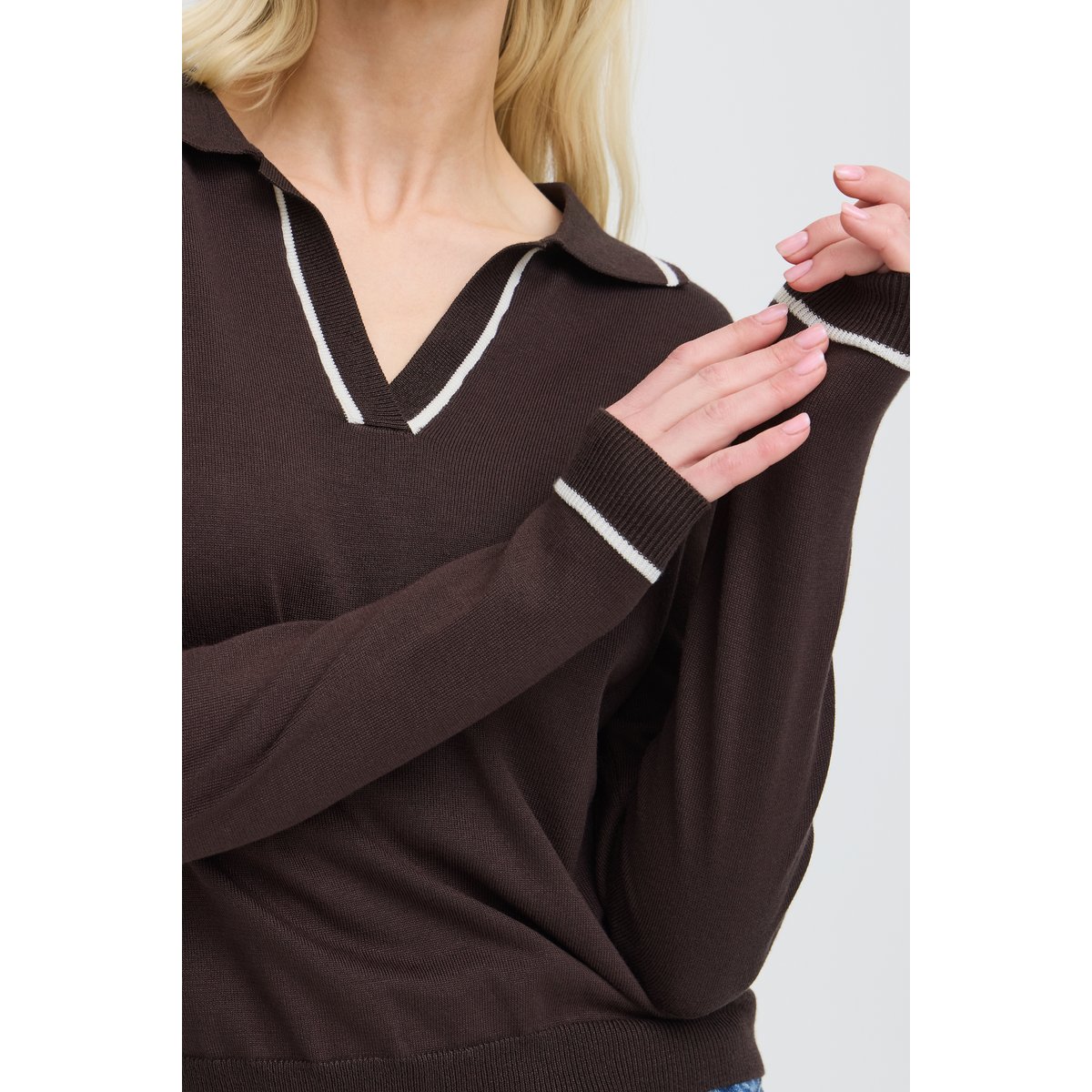 Blouse manches longues, col polo marron java, B.YOUNG