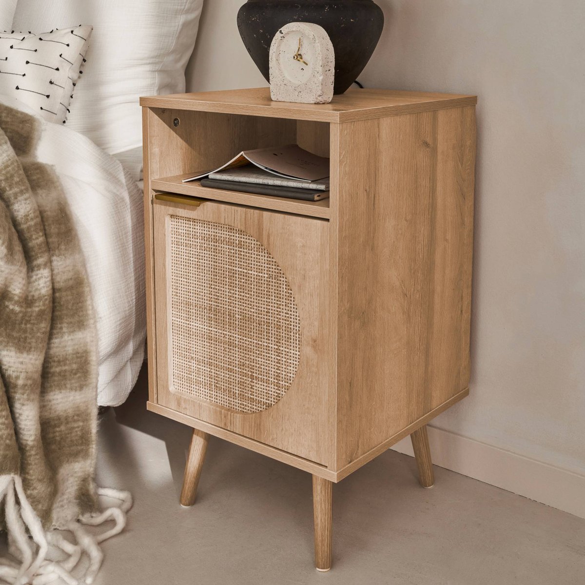 Table de chevet décor bois et cannage arrondi 1 porte (lot de 2) EVA naturel, SWEEEK