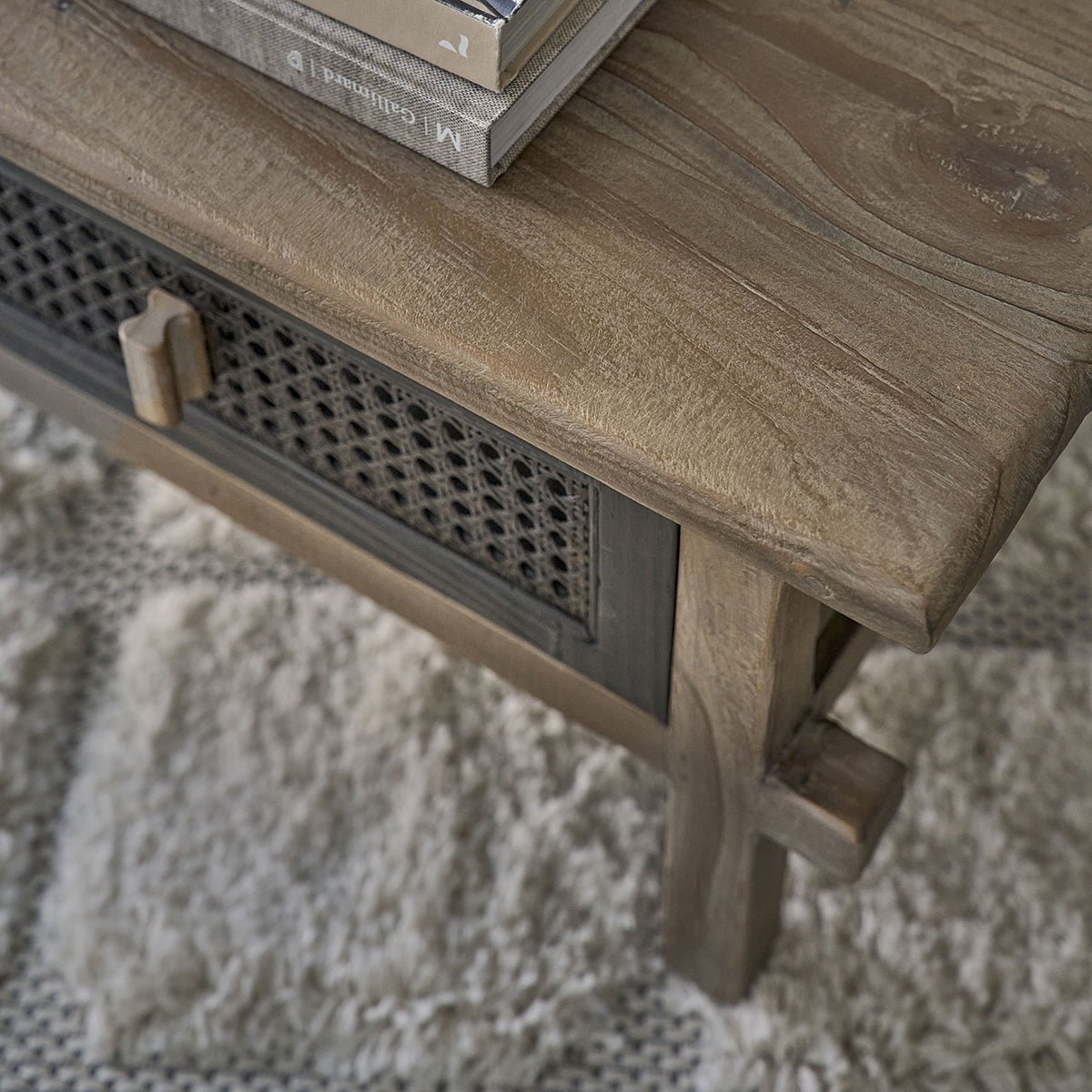 Table basse en bois recyclé massif 110 cm 2 tiroirs JUNKO gris, BERAH GETAH