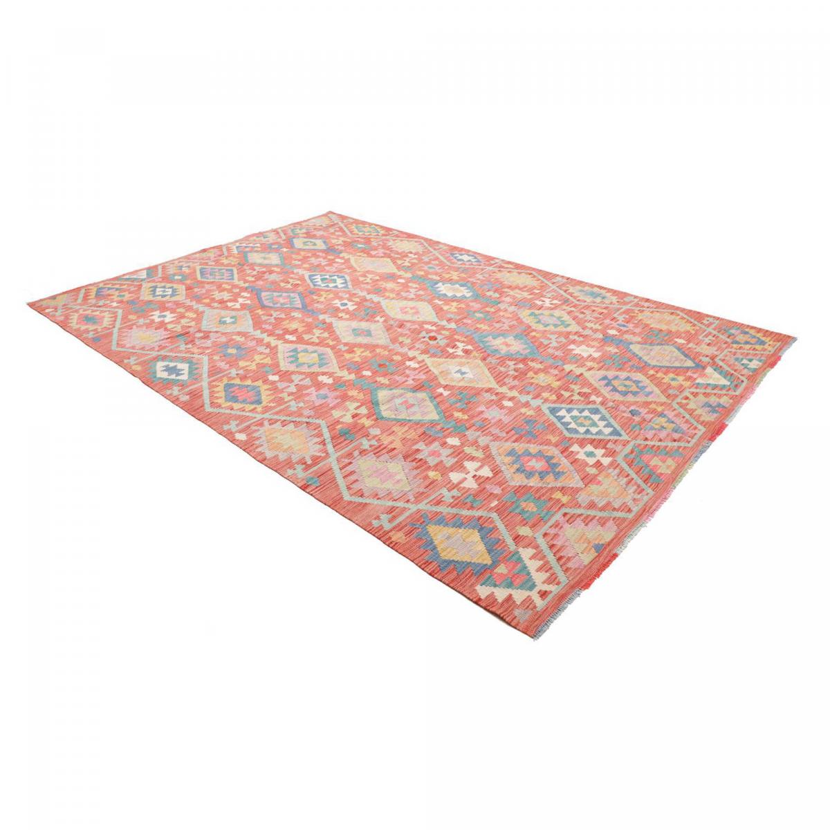 Tapis kilim, motif géométrique tissé plat en laine, KILIM 53 rouge, bleu, jaune, UN AMOUR DE TAPIS
