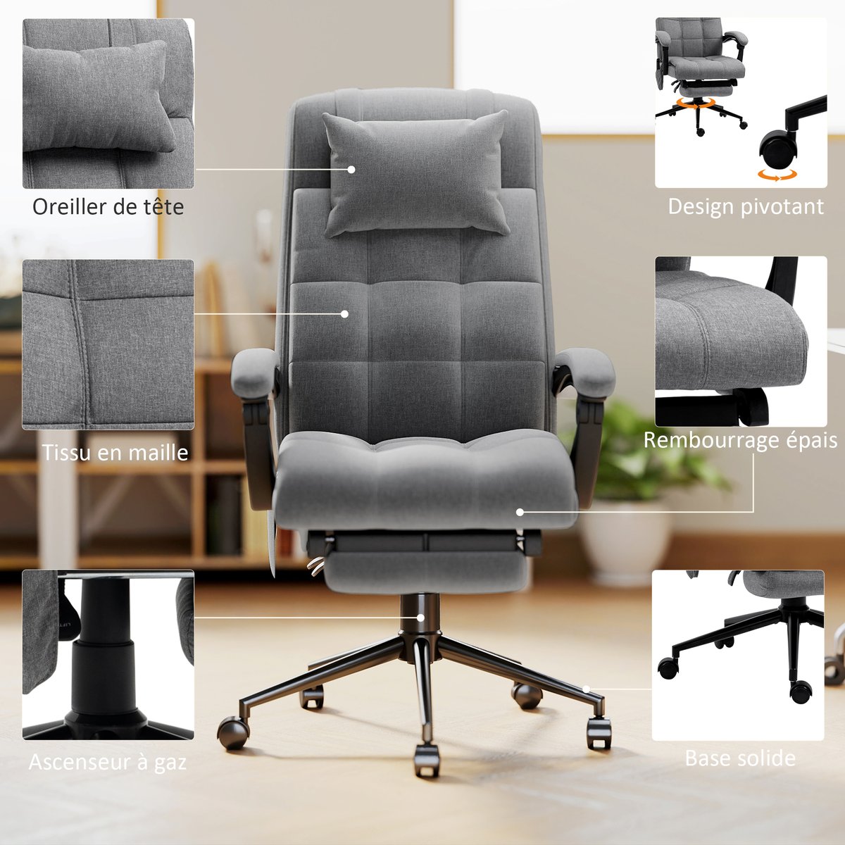 Fauteuil de bureau avec fonction massage gris, HOMCOM