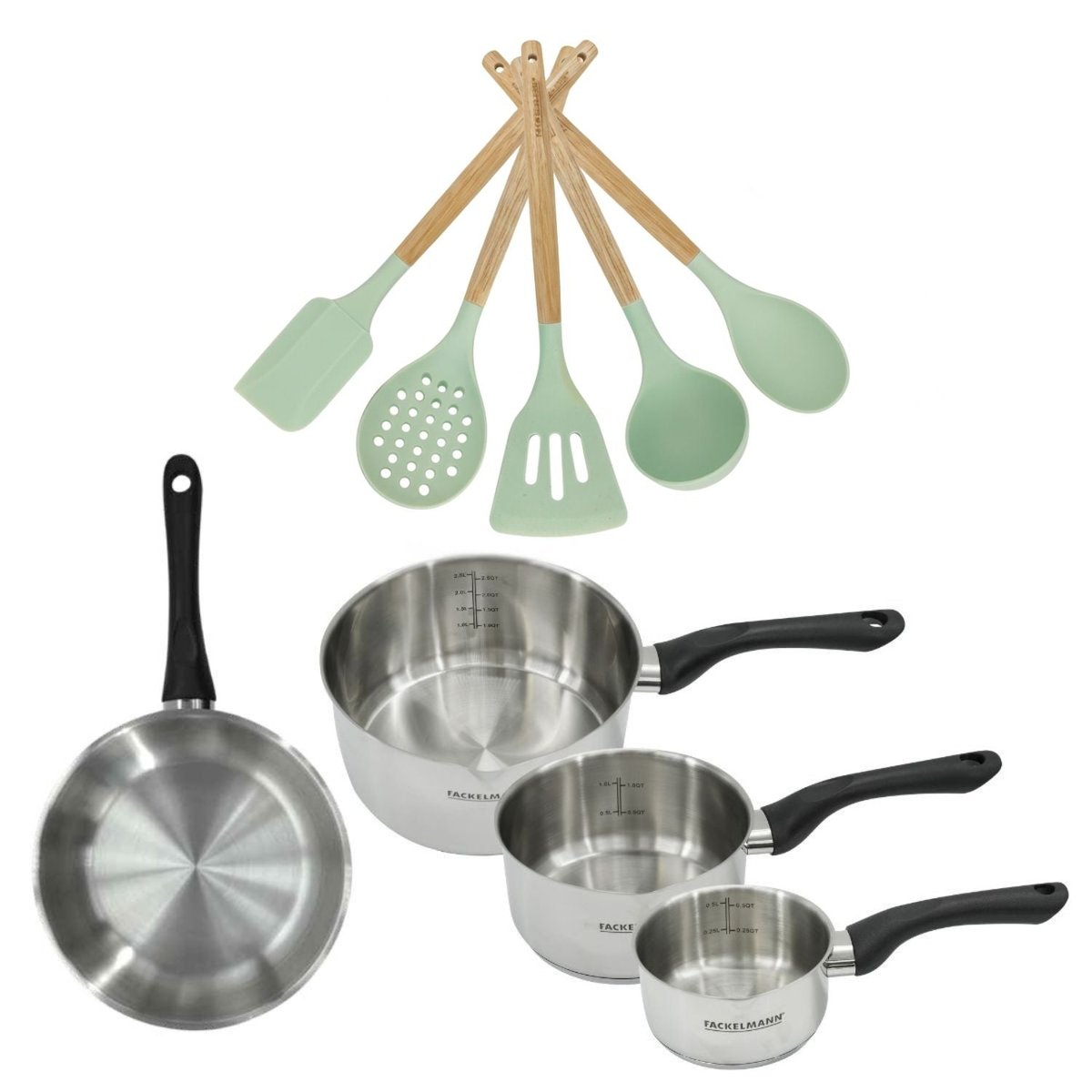 Batterie de cuisine 1 poêle 28cm + 3 casseroles 12/16/20cm inox|noir, FACKELMANN