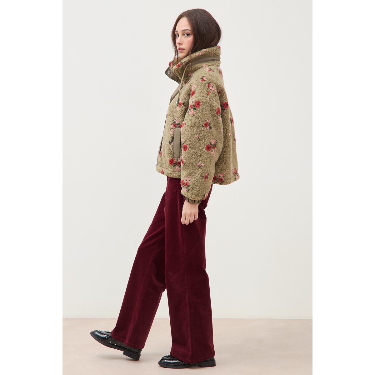 Blouson oversize sherpa col montant vert, BONOBO