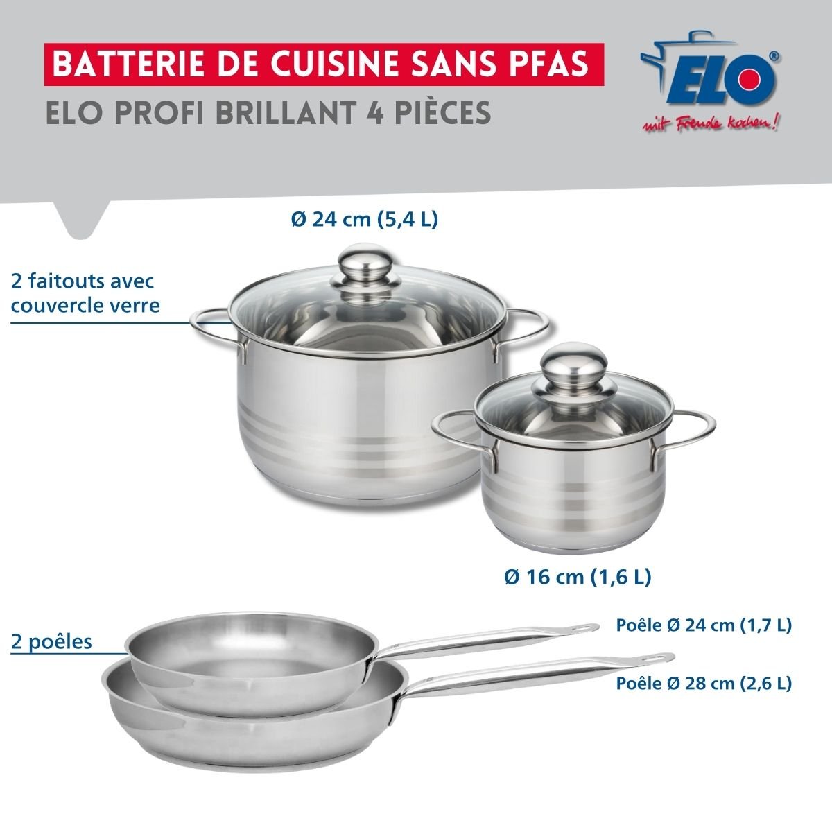 Batterie 2 poêles 24/28cm + 2 faitouts 16/24cm PROFI BRILLANT gris, ELO