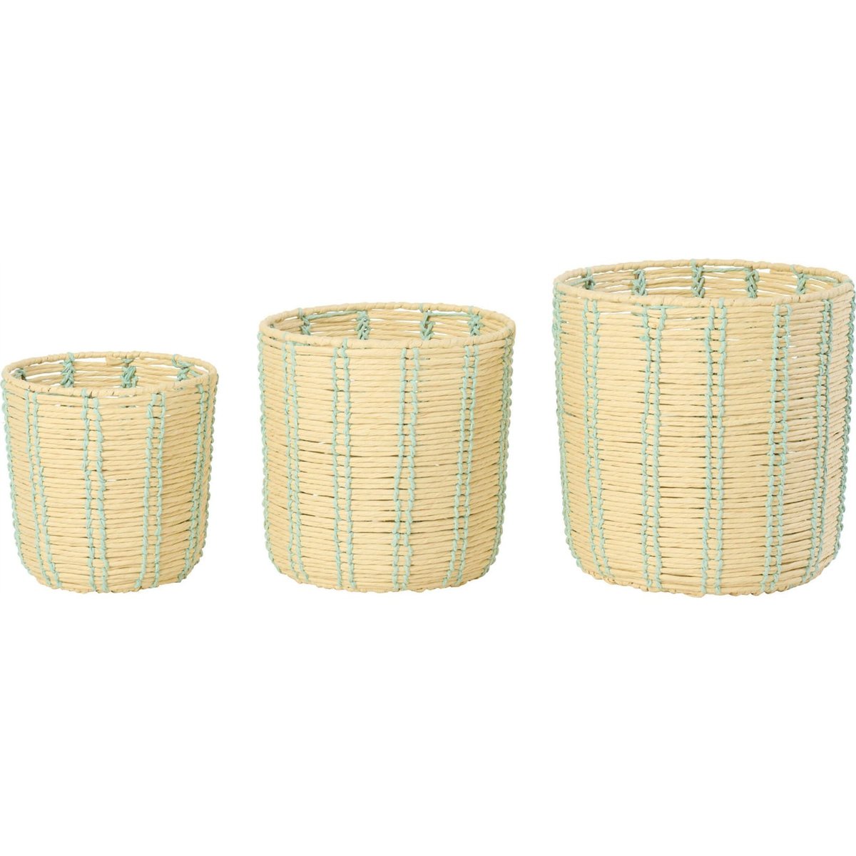 Set de 3 paniers ronds lignés en métal naturel et bleu azur, RECOLLECTION