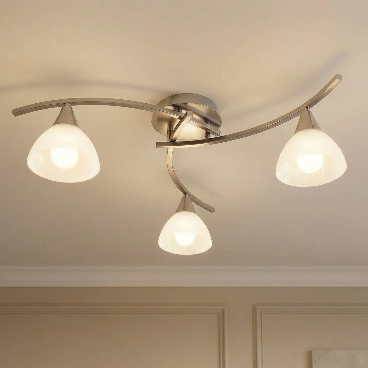 Plafonnier en verre traditionnel, Della blanc, nickel mat, LINDBY