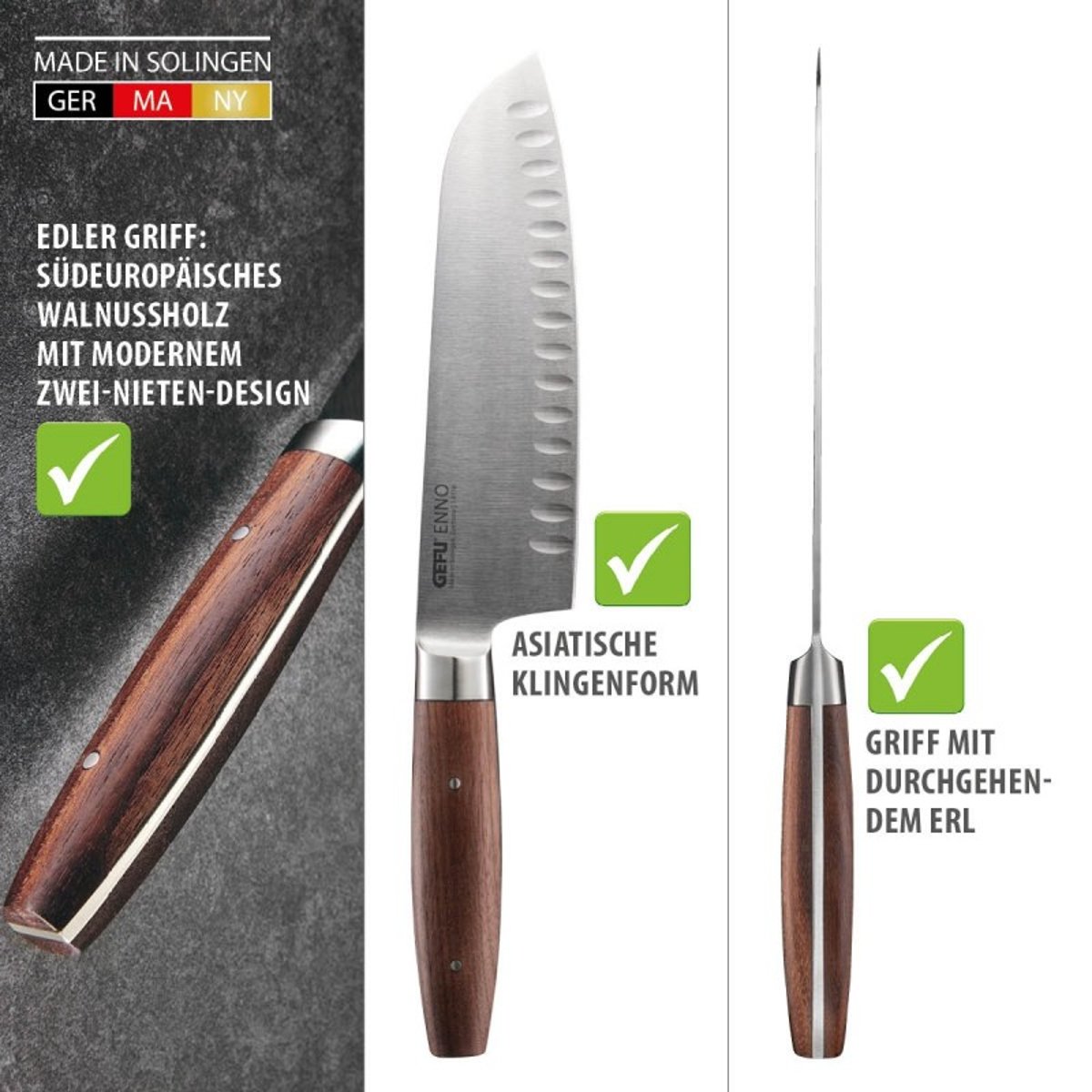 Couteau Santoku alvéolé Enno 18 cm avec lame cannelée en acier argent et marron, GEFU