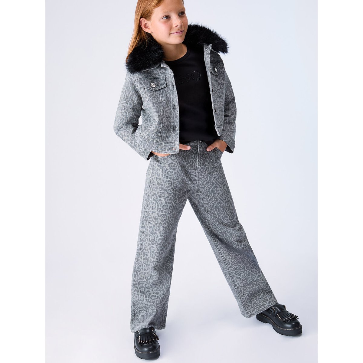 Pantalon imprimé animal avec strass gris animalier, LIU JO