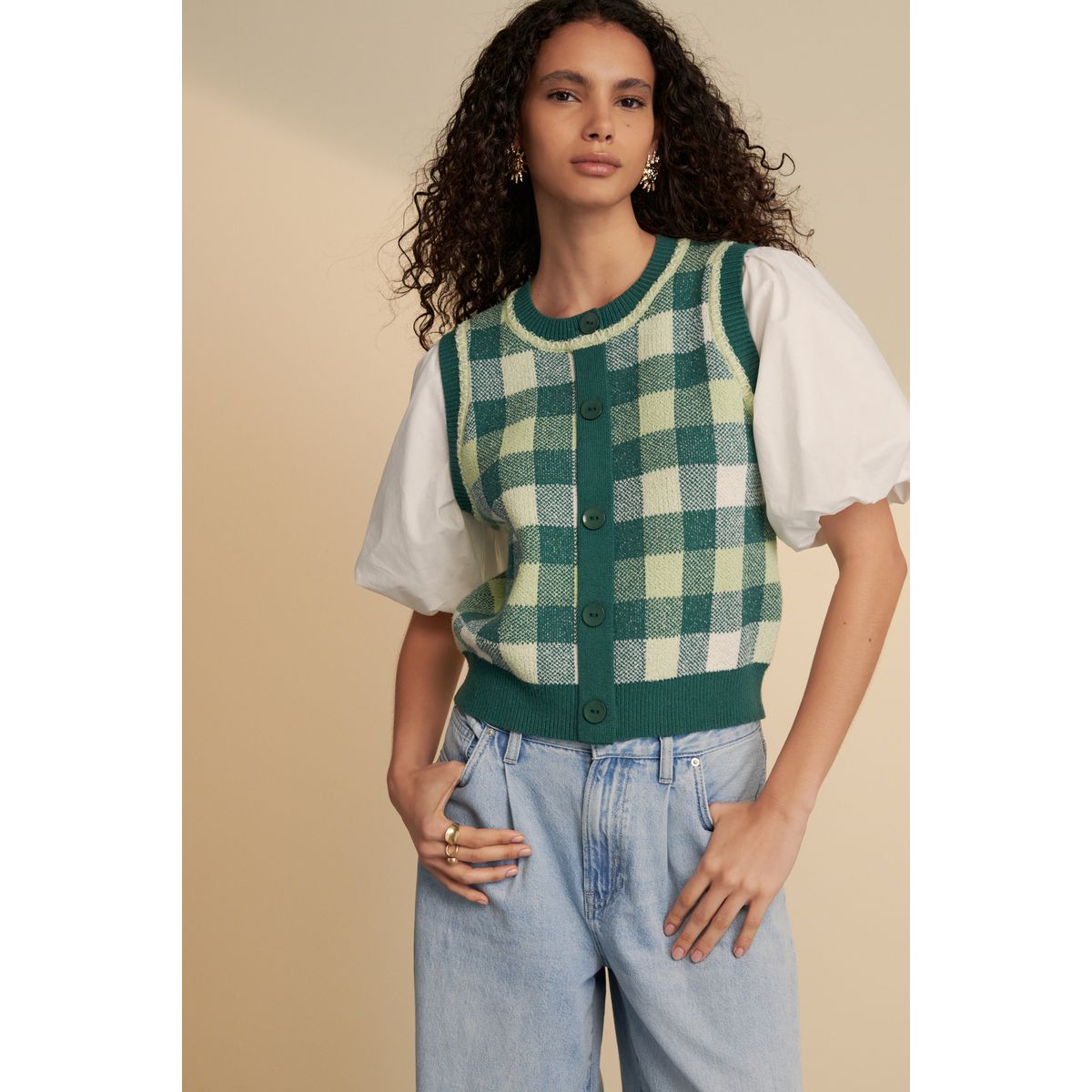 Pull vichy avec débardeur superposé en maille vert, NEXT
