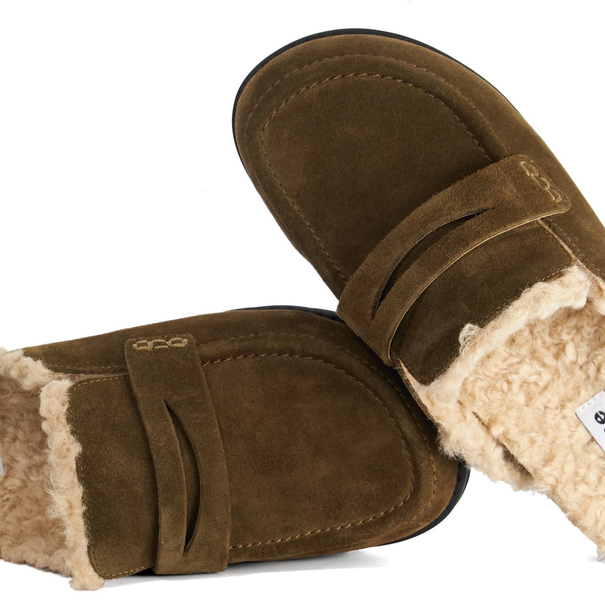 Mocassins mules en daim à arrière ouvert doublés imitation peau de mouton - GOLDY khaki-suede, DUNE LONDON