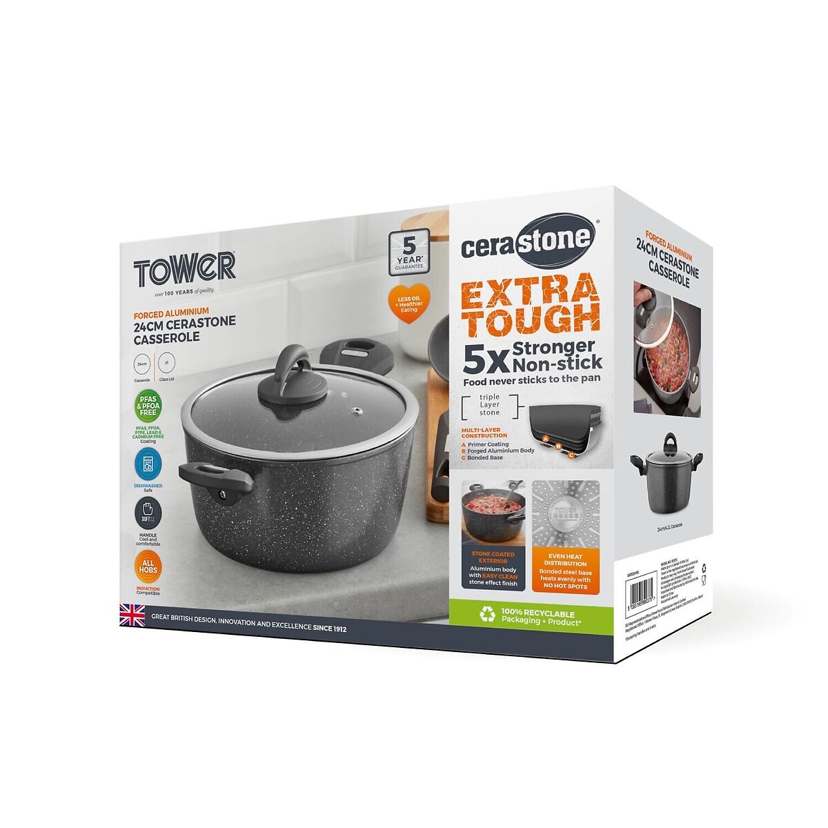 24cm Cerastone Forged Casserole with grey, TOWER
