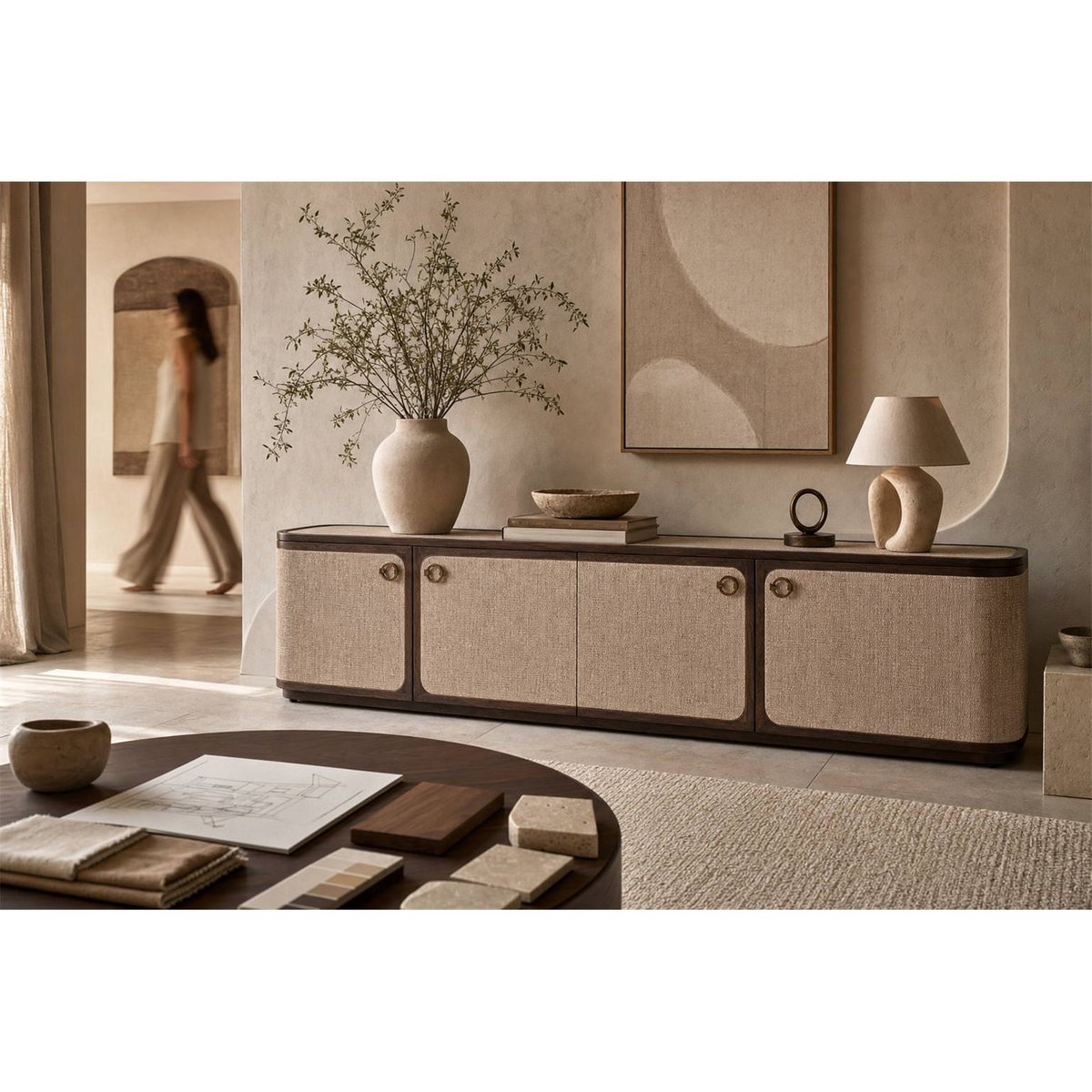 Meuble tv en bois collection WILLOX 4 portes beige et bois foncé, RECOLLECTION