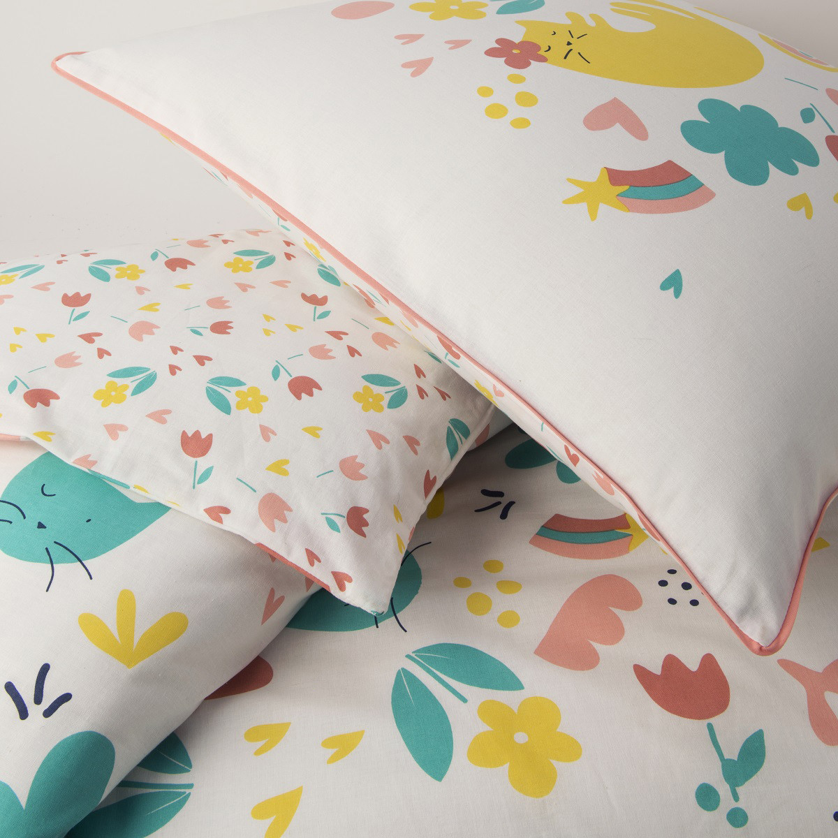 Parure de lit enfant chat réversible fleurie MINOU blanc, FUTURE HOME
