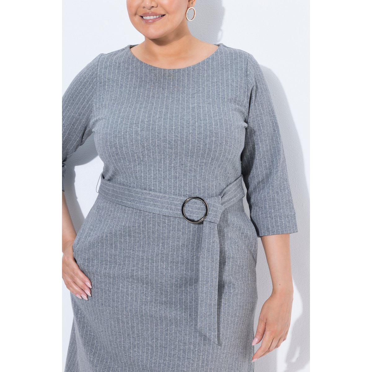 Robe midi à fines rayures, encolure bateau chiné gris moyen, ULLA POPKEN